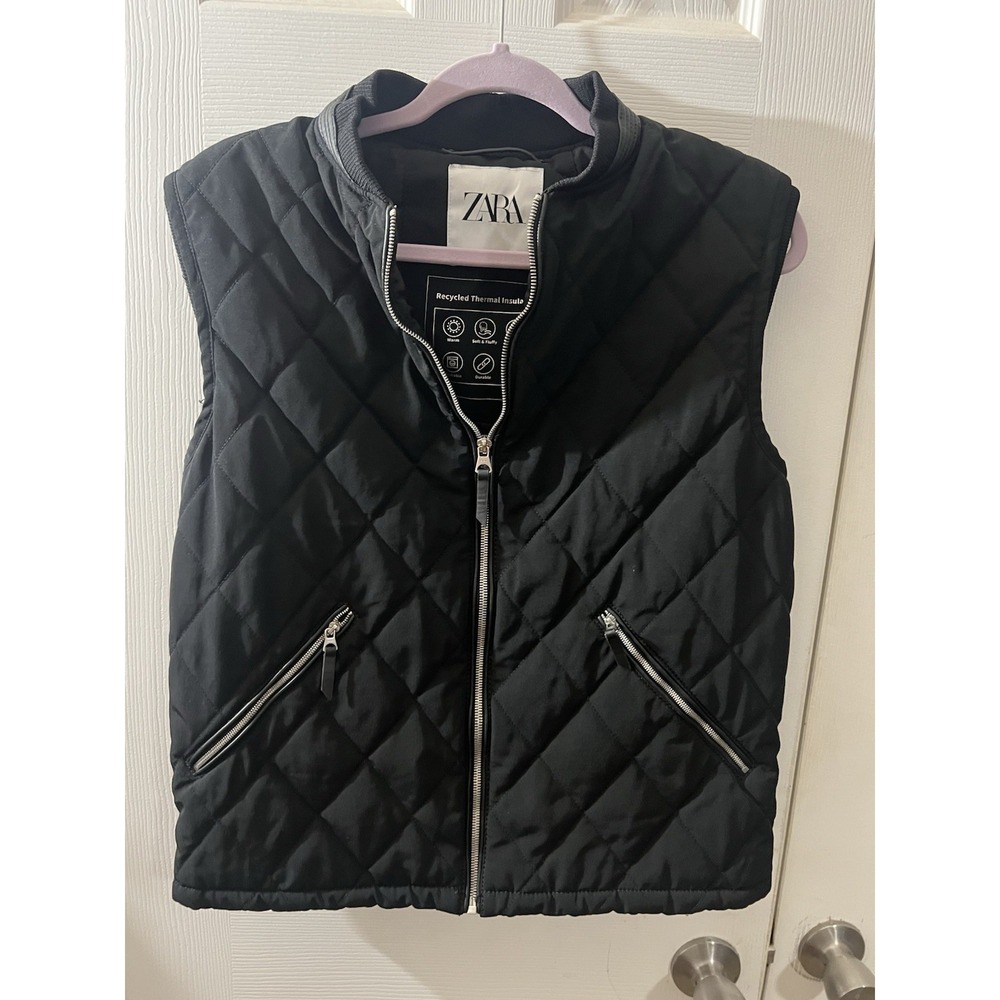 Zara Womens Quilted Vest Black Full Zip Sleeveless Pockets Size Medium